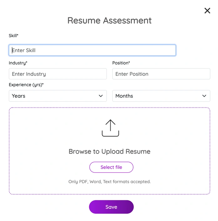 Add Details and Upload Resume User providing job details and uploading a resume in an online builder