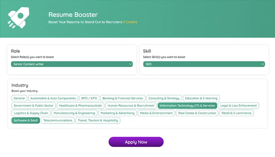 AI Resume Booster Input Screen User entering job role, skills, and industry into AI Resume Booster to enhance resume