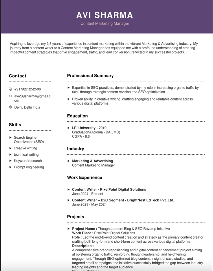 Resume Enhancement Process Resume tool analyzing and enhancing a resume based on industry, skills, and job role