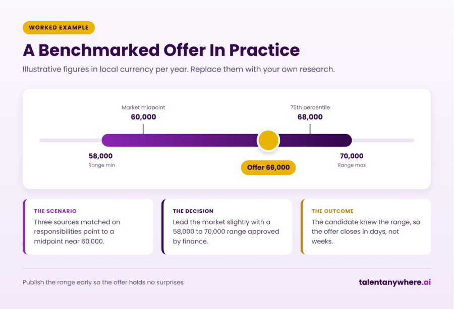 Infographic of an illustrative benchmarked offer with a 58,000 to 70,000 pay range, market midpoint and an offer of 66,000
